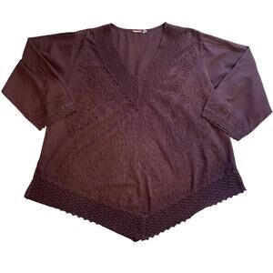 ASHA Bohemian Cotton Embroidered Floral V Neck Long Sleeve Tunic Size XL